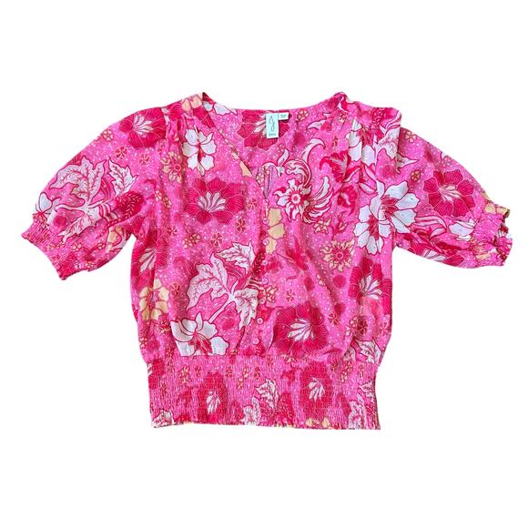 Joie Semi Sheer Pink Floral Top Womens Sz Medium Smocked Waist Cottagecore Boho - Picture 3 of 12